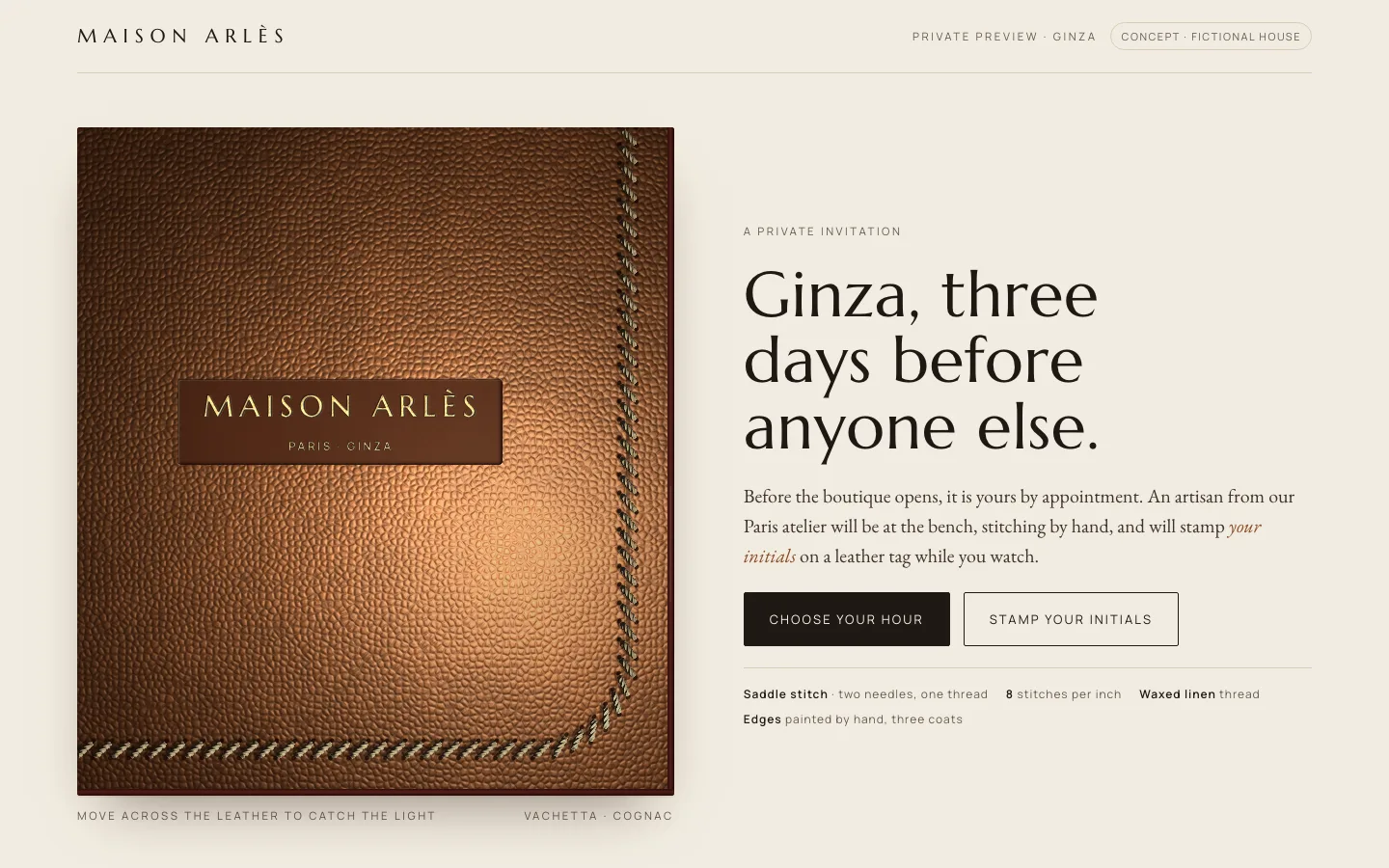 Maison Arlès page: a stitched leather panel beside the invitation to the Ginza boutique
