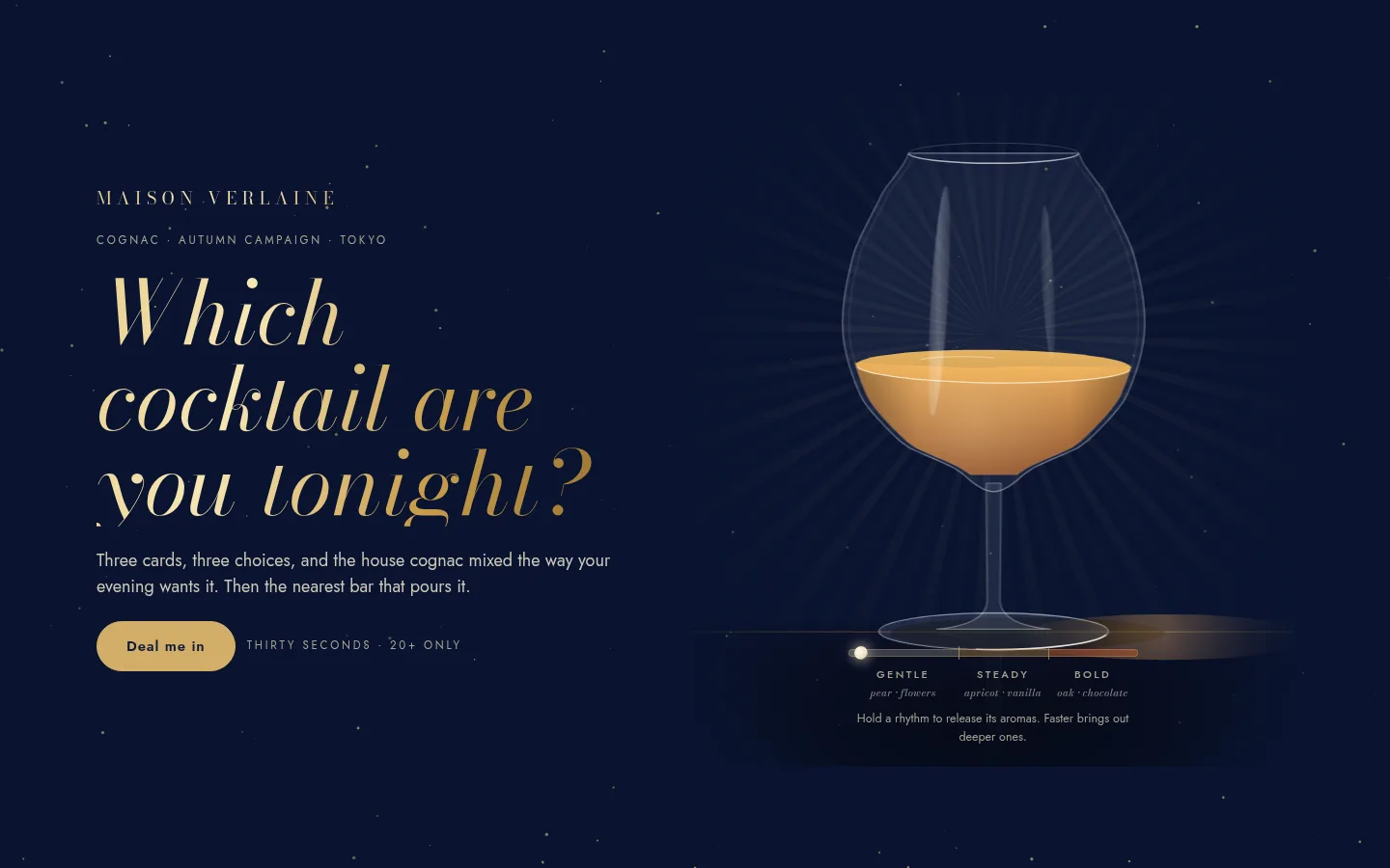 Maison Verlaine page: a glass of cognac under a gold sunburst, with the campaign question
